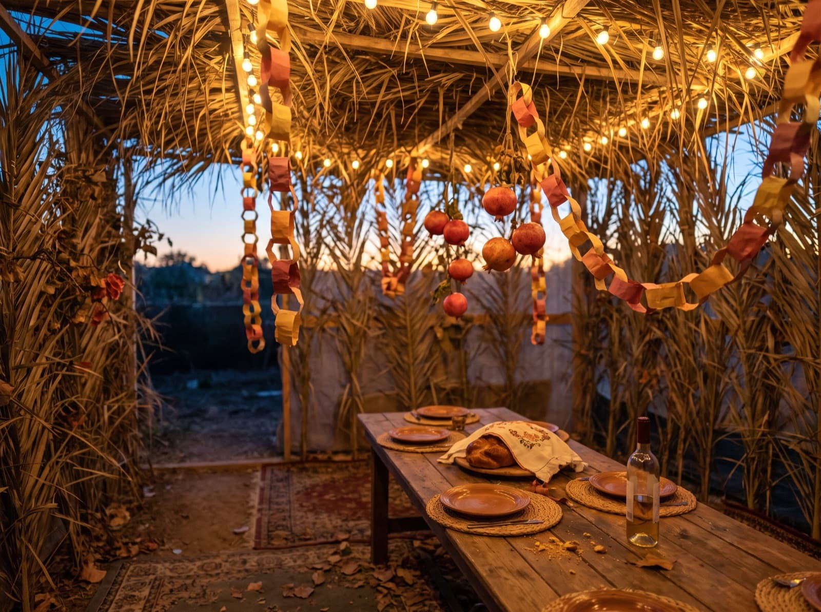 Inside a sukkah at dusk, string lights, paper garlands, and a table set for a feast