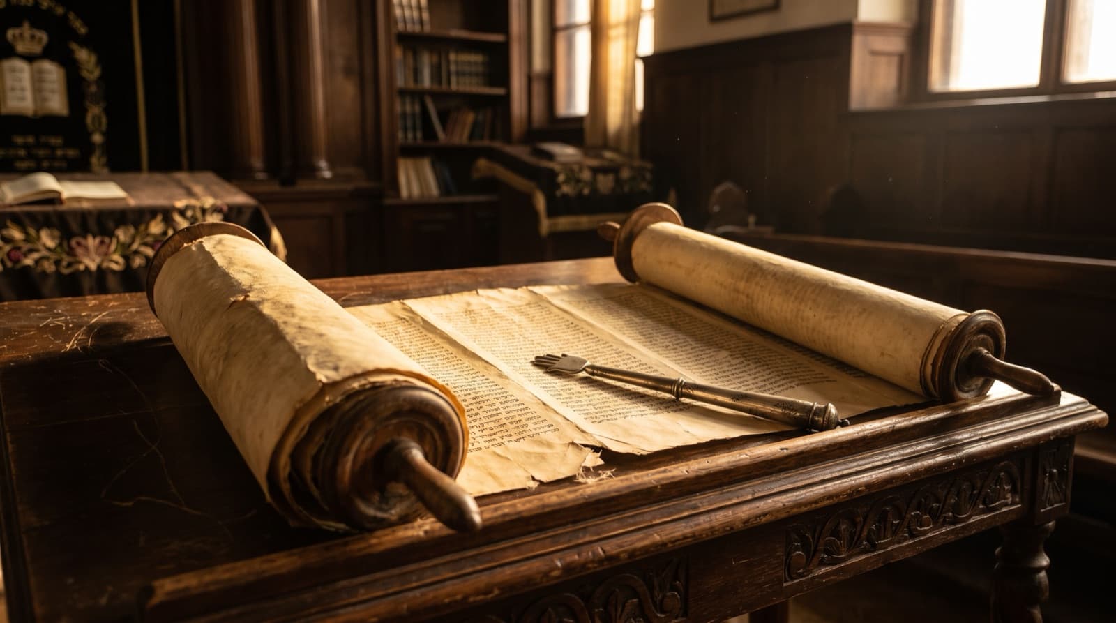 An open Torah scroll with a silver yad resting on the parchment