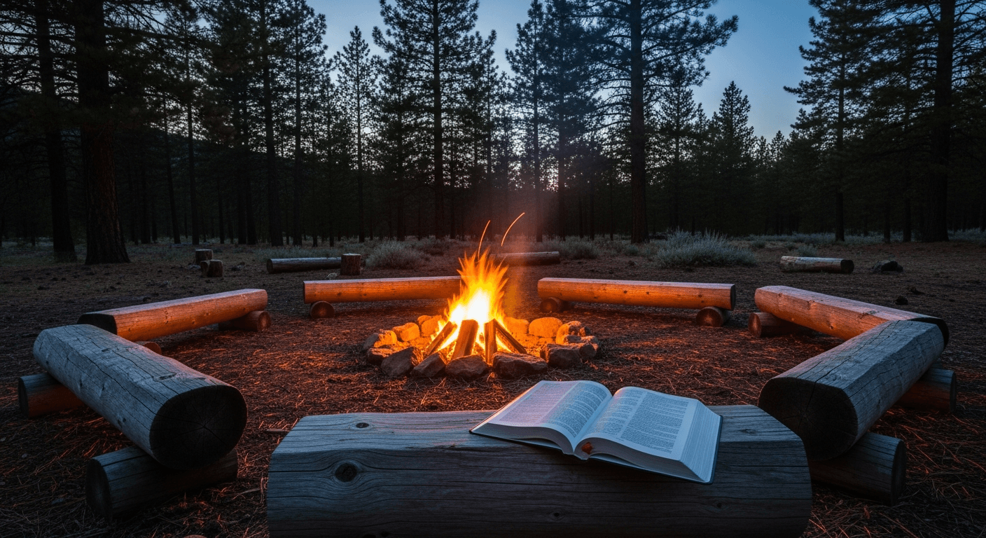 Men gathered around a campfire at a Founded in Truth retreat